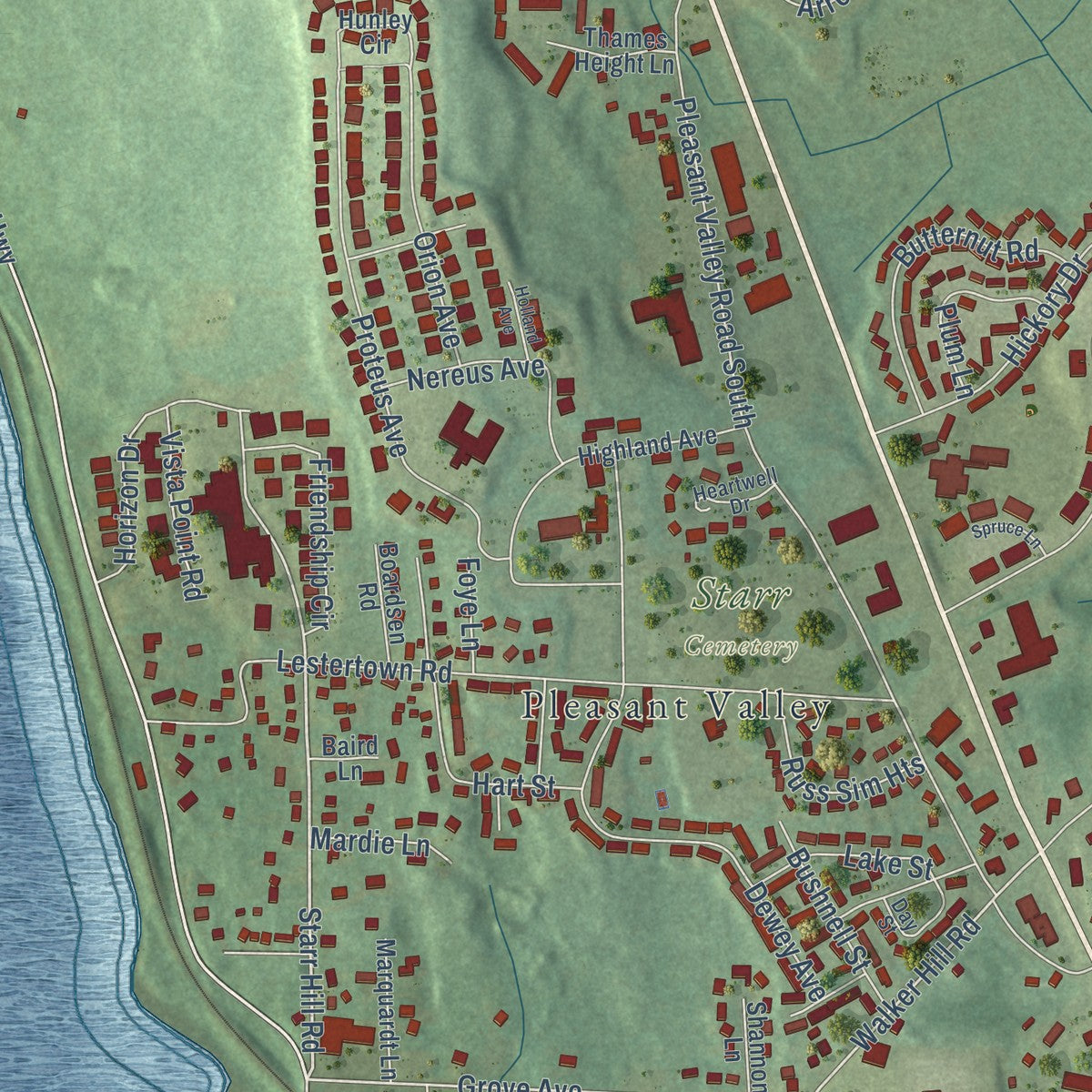 Close-up of the map of Conning Towers-Nautilus Park, Connecticut print showing street and building detail