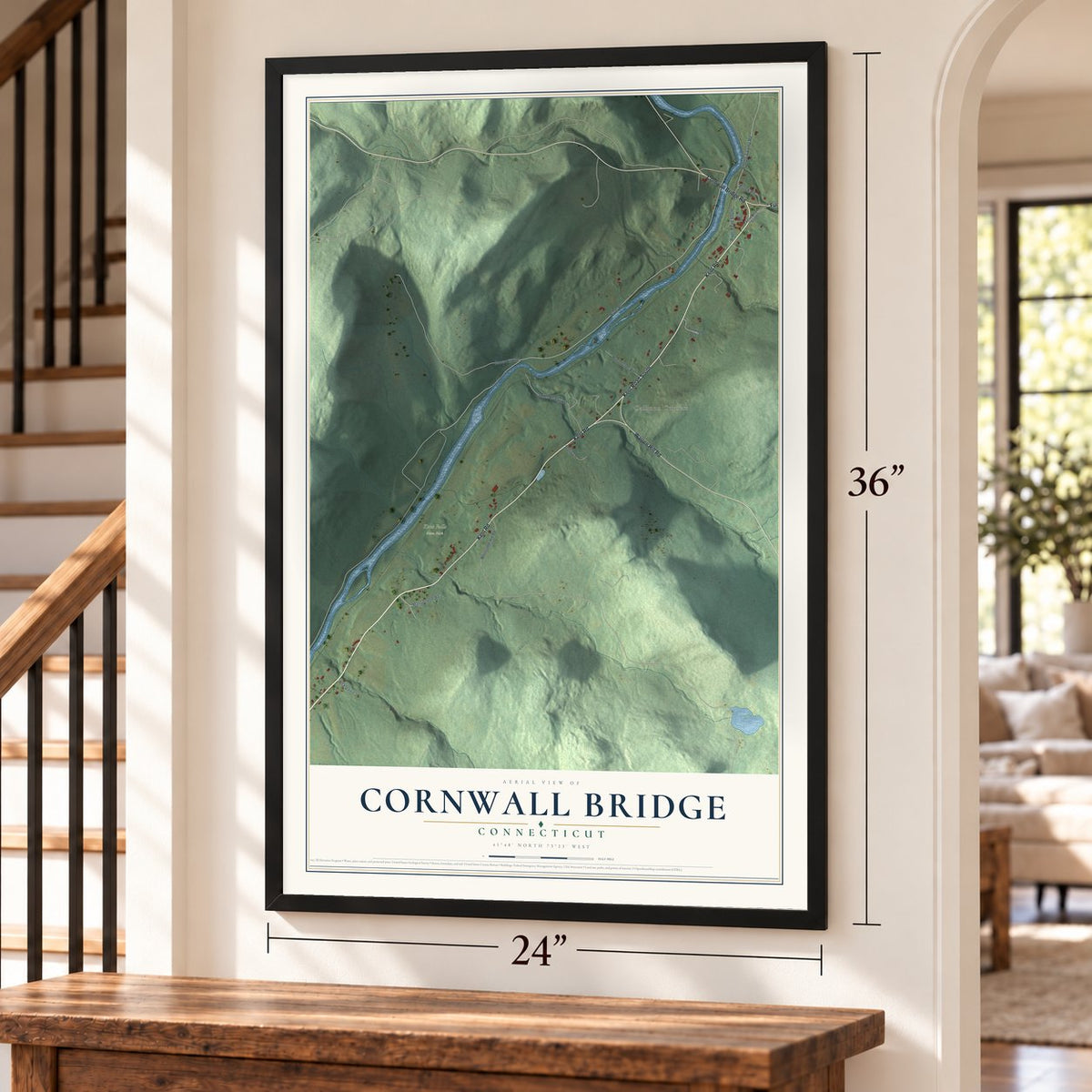 Cornwall Bridge, Connecticut map, 24 x 36 inch print in a black frame by a staircase