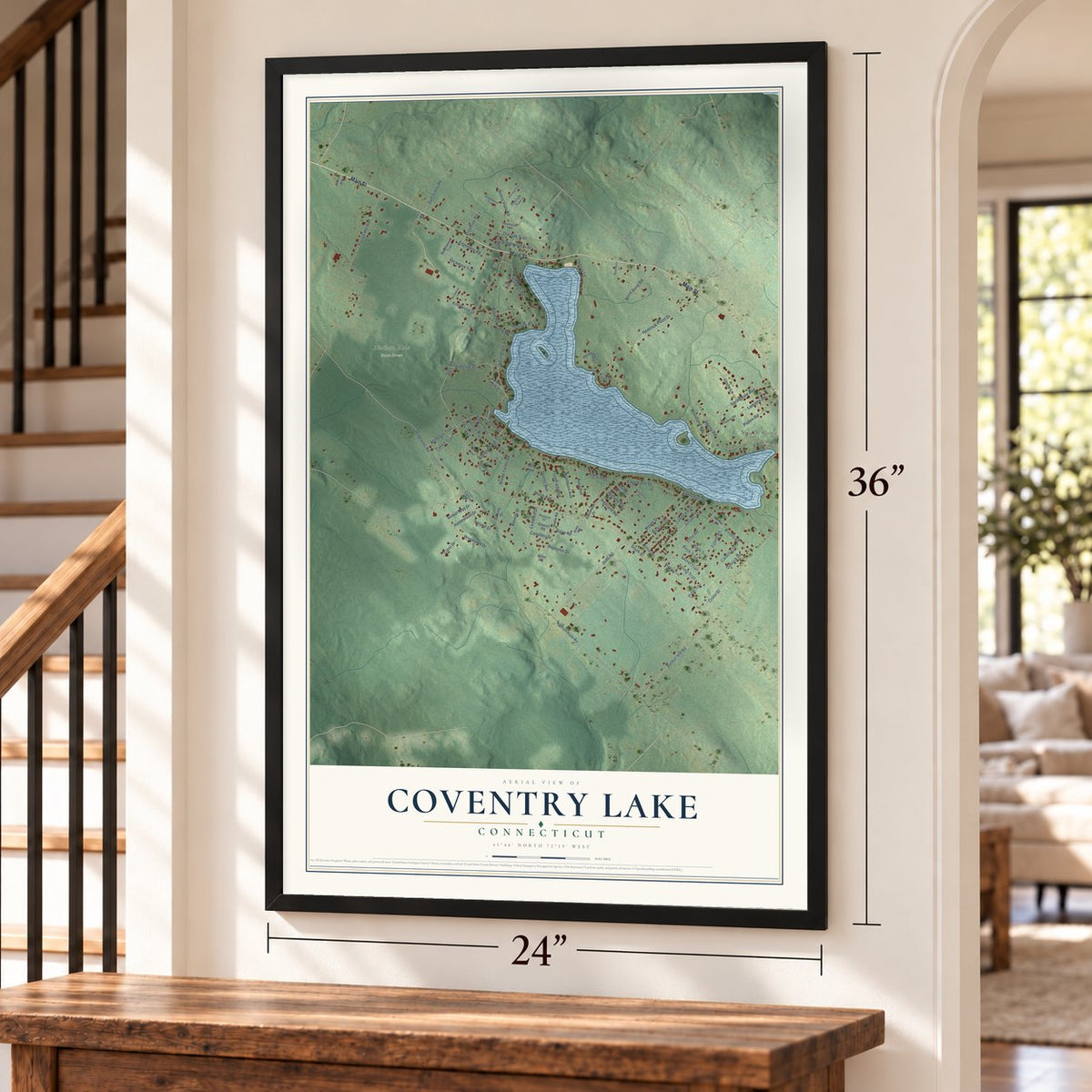 Coventry Lake, Connecticut map, 24 x 36 inch print in a black frame by a staircase