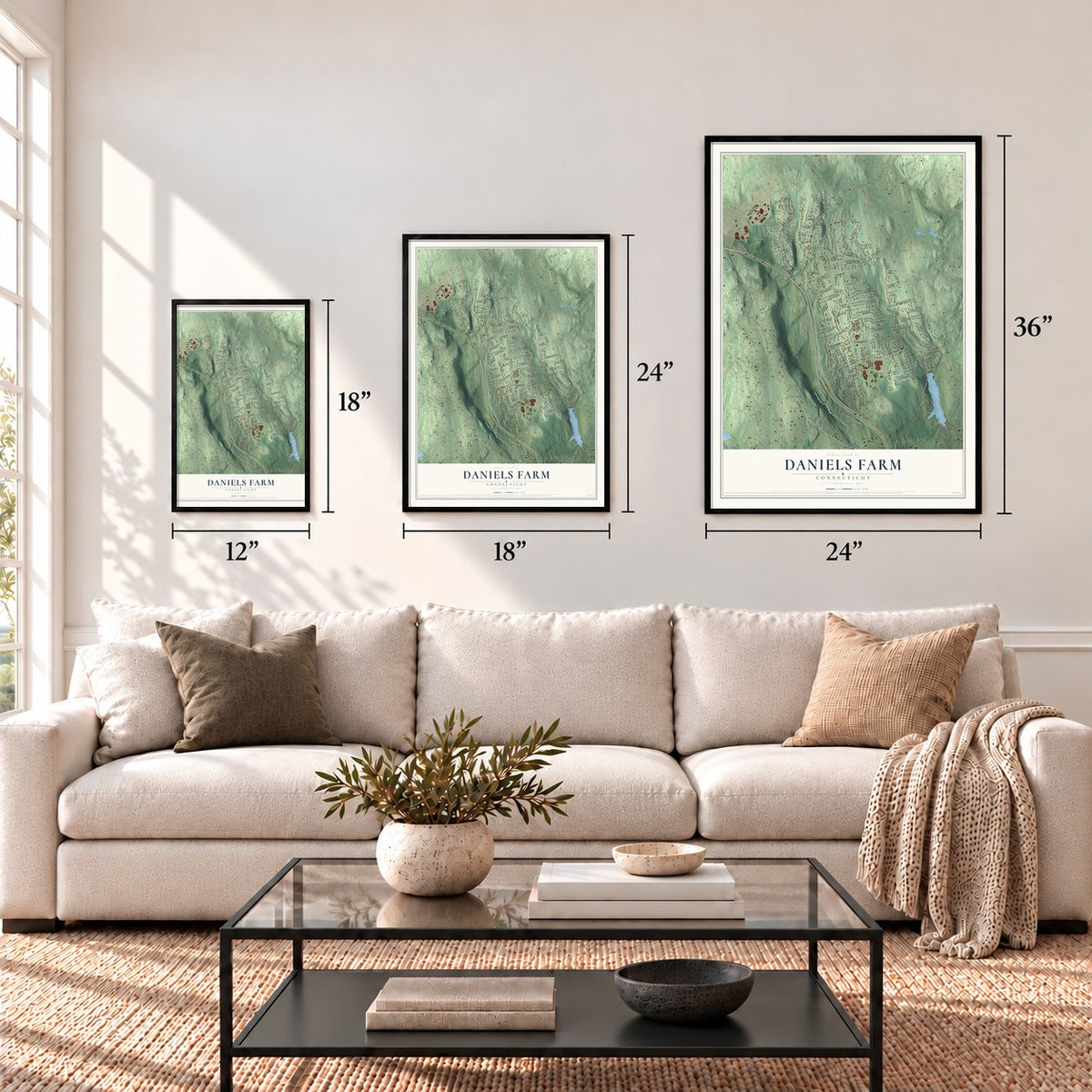 Daniels Farm, Connecticut map in 12 x 18, 18 x 24 and 24 x 36 inch sizes above a sofa