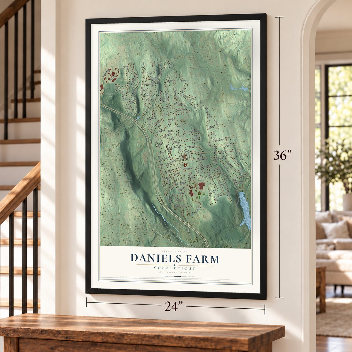 Daniels Farm, Connecticut map, 24 x 36 inch print in a black frame by a staircase