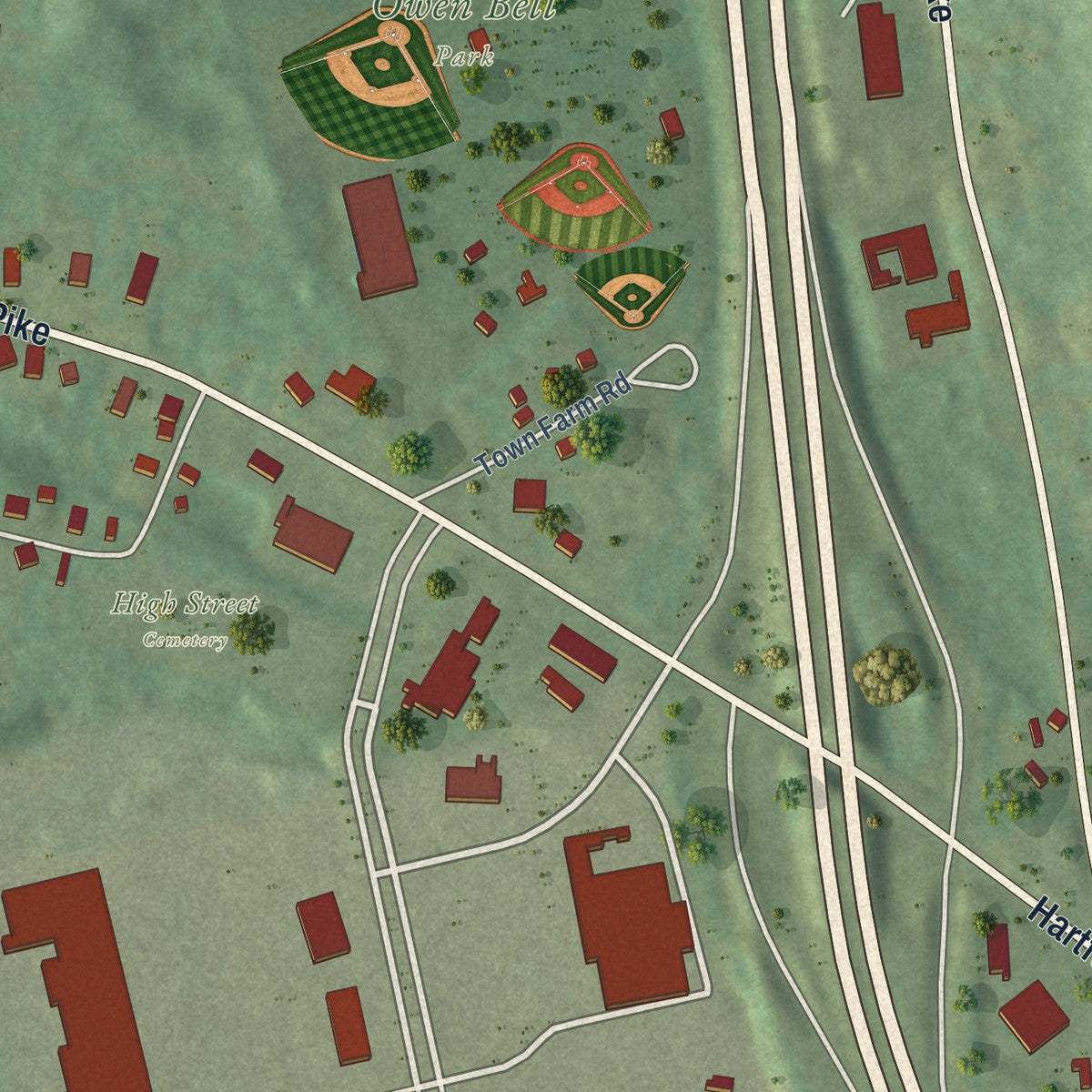 Close-up of the map of Dayville, Connecticut print showing street and building detail