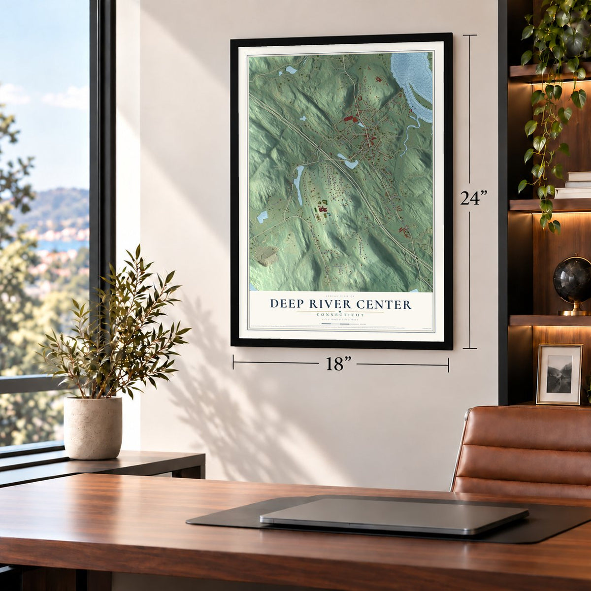 Deep River Center, Connecticut map, 18 x 24 inch print in a black frame in a home office