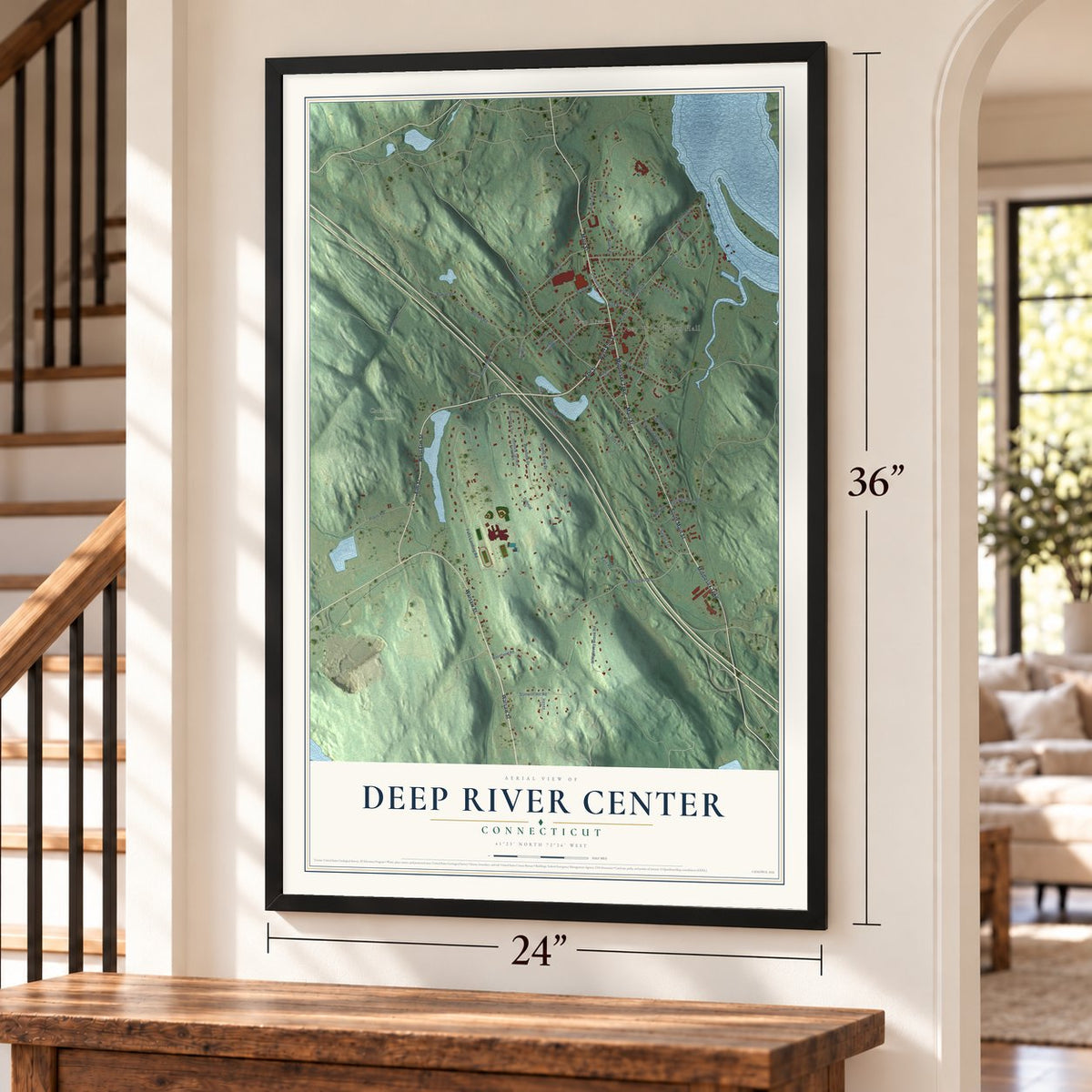 Deep River Center, Connecticut map, 24 x 36 inch print in a black frame by a staircase