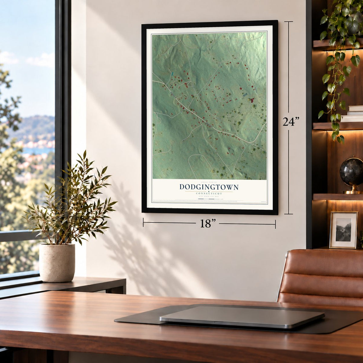 Dodgingtown, Connecticut map, 18 x 24 inch print in a black frame in a home office