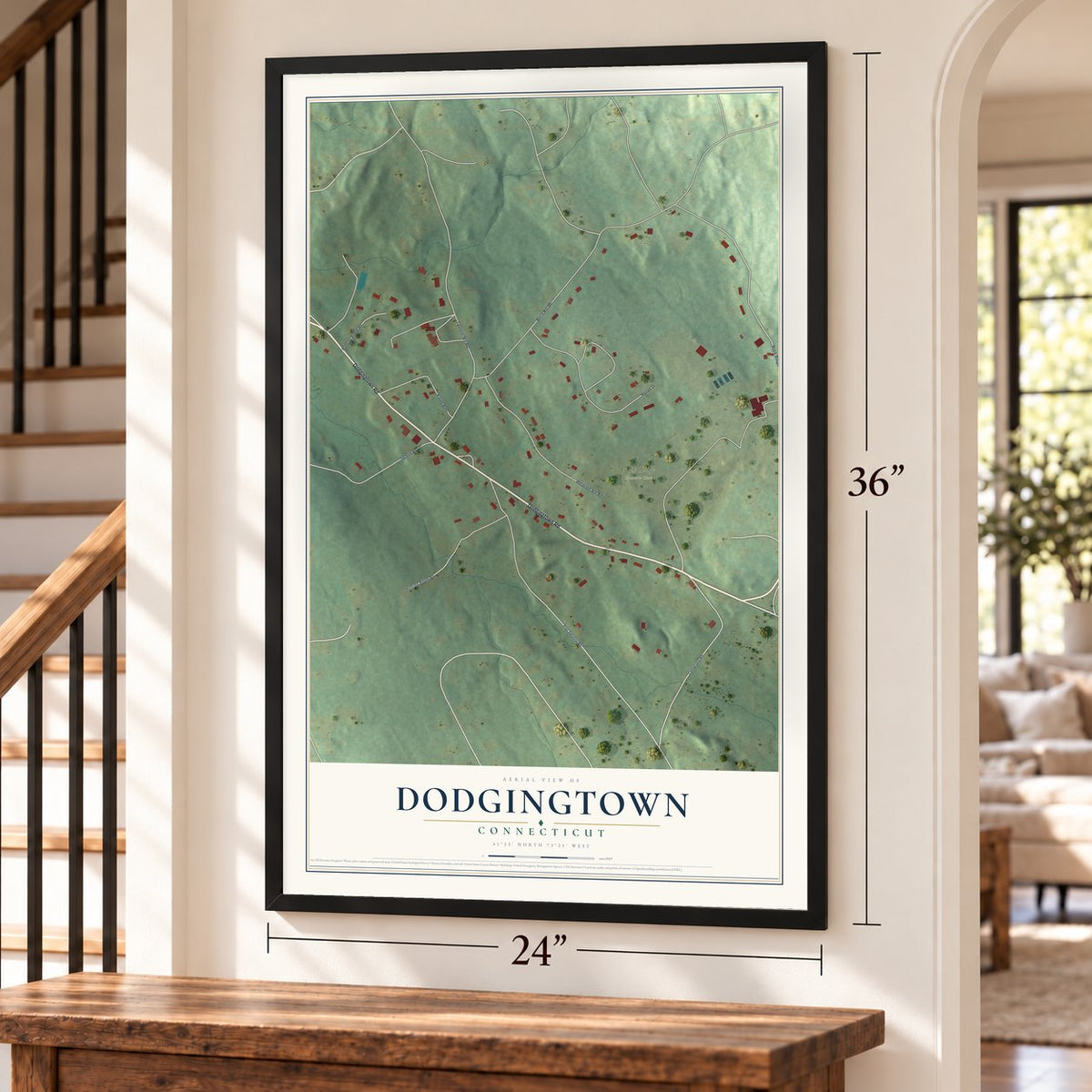 Dodgingtown, Connecticut map, 24 x 36 inch print in a black frame by a staircase