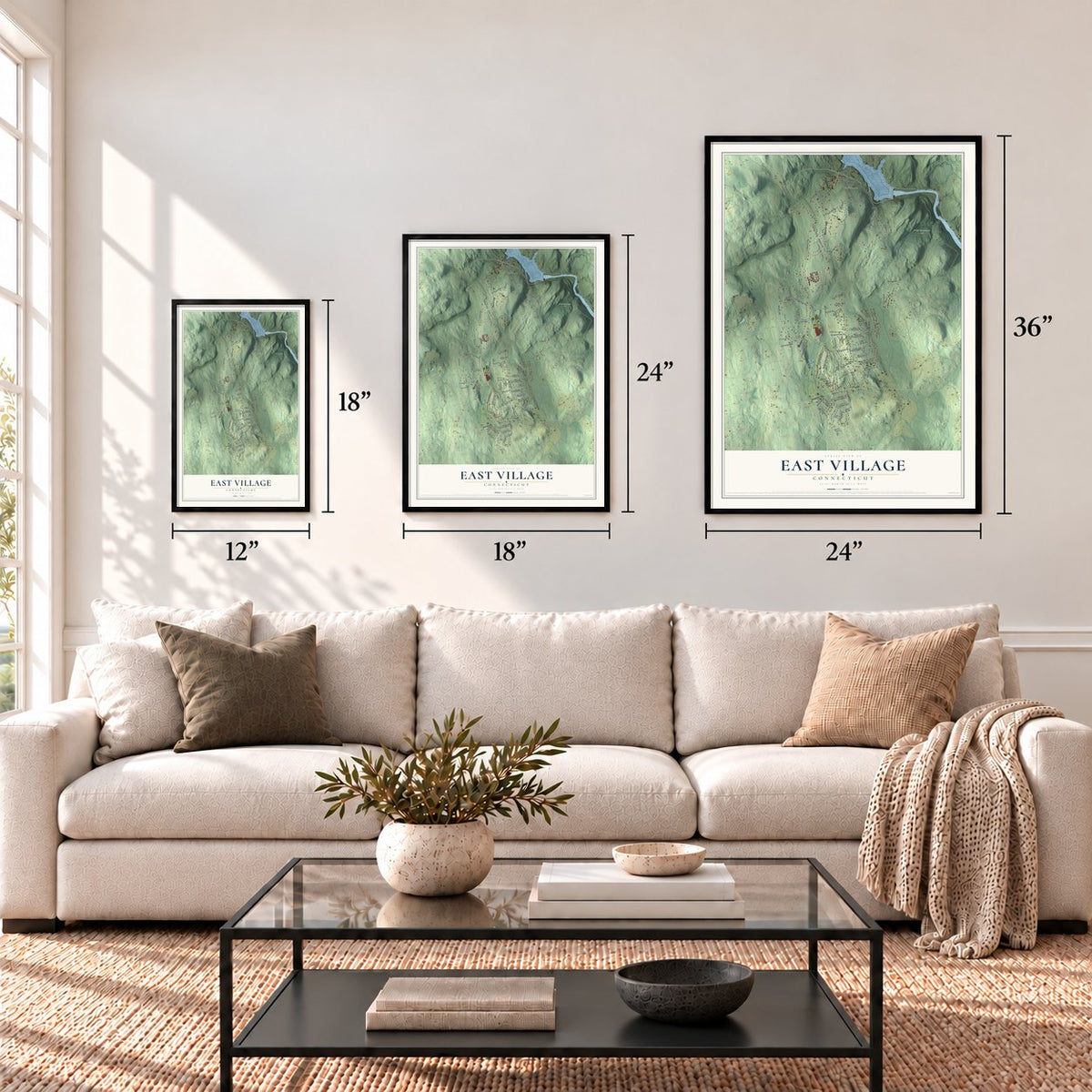 East Village, Connecticut map in 12 x 18, 18 x 24 and 24 x 36 inch sizes above a sofa