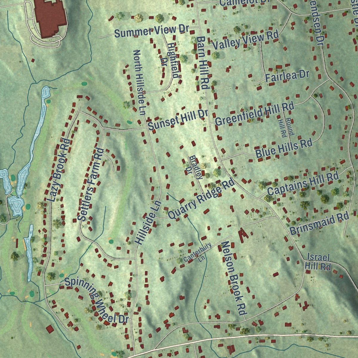 Close-up of the map of East Village, Connecticut print showing street and building detail