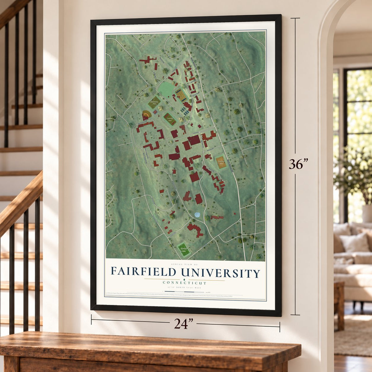 Fairfield University, Connecticut map, 24 x 36 inch print in a black frame by a staircase