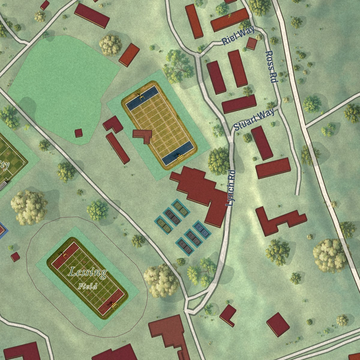 Close-up of the map of Fairfield University, Connecticut print showing street and building detail
