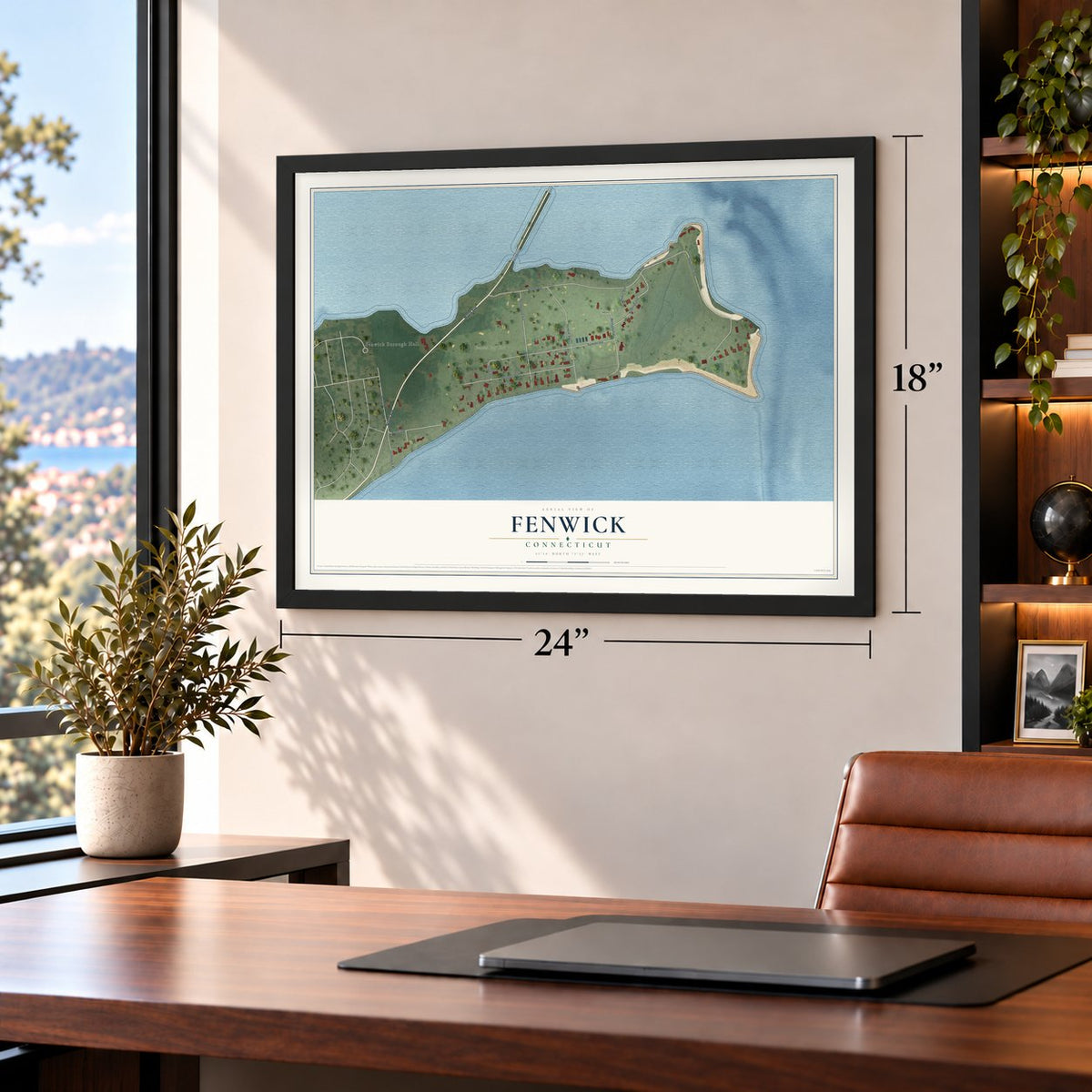 Fenwick, Connecticut map, 18 x 24 inch print in a black frame in a home office