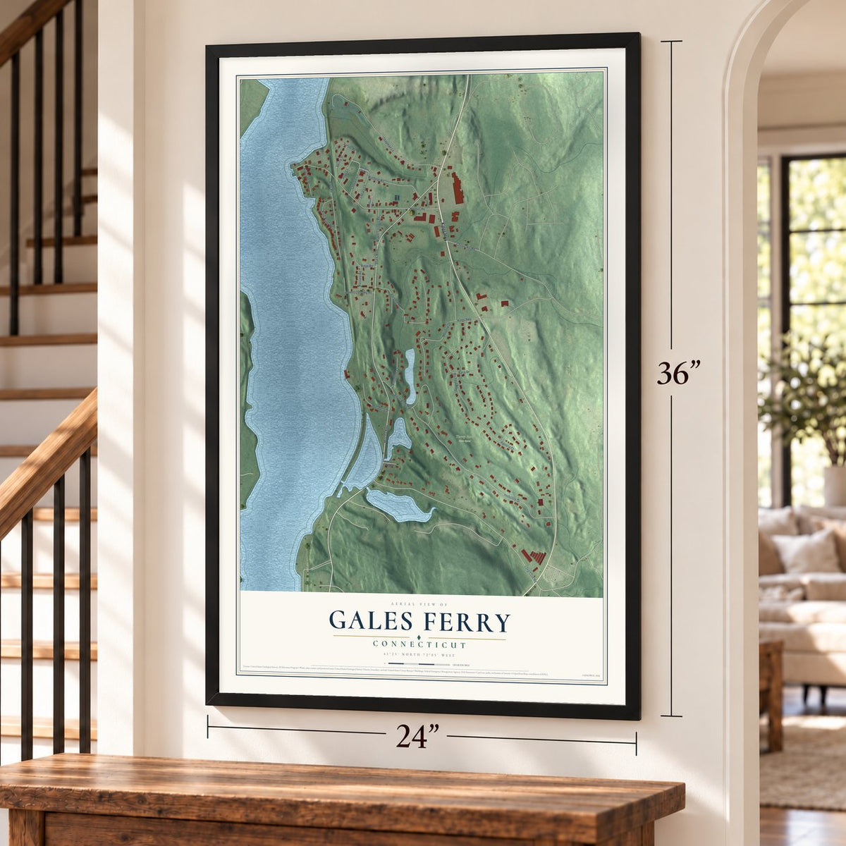 Gales Ferry, Connecticut map, 24 x 36 inch print in a black frame by a staircase