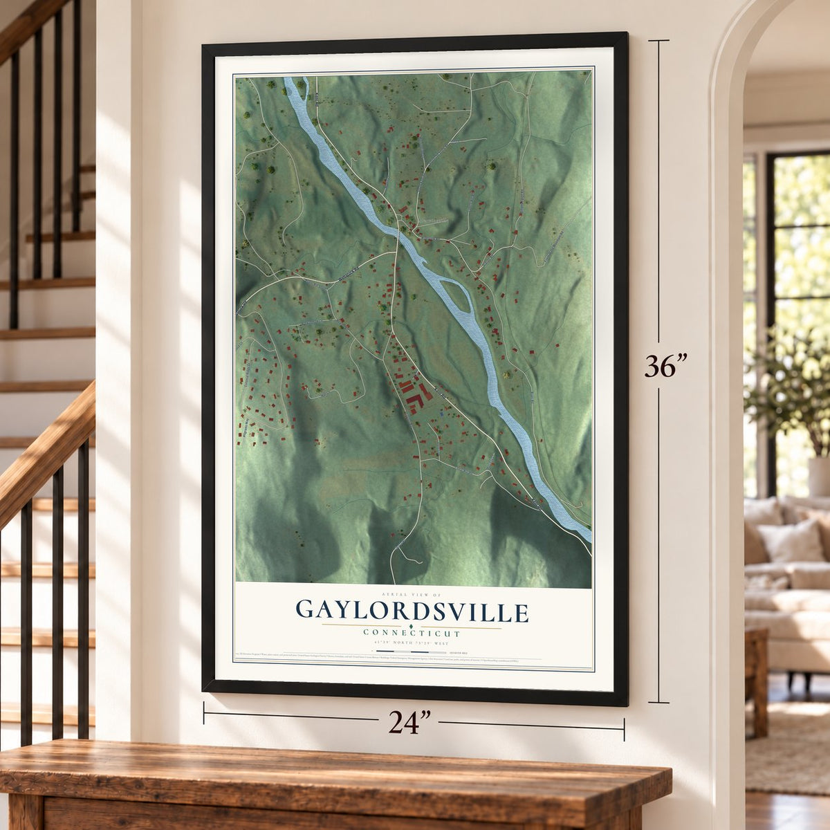Gaylordsville, Connecticut map, 24 x 36 inch print in a black frame by a staircase