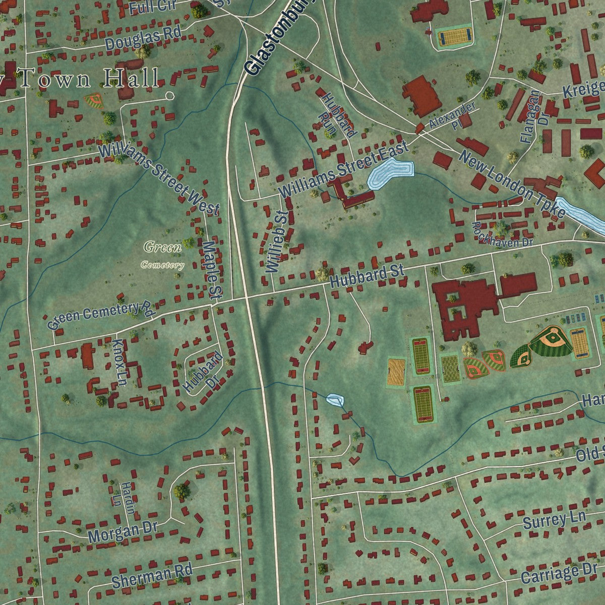 Close-up of the map of Glastonbury Center, Connecticut print showing street and building detail