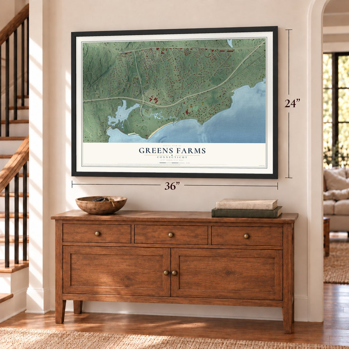 Greens Farms, Connecticut map, 24 x 36 inch print in a black frame above a dresser by a staircase