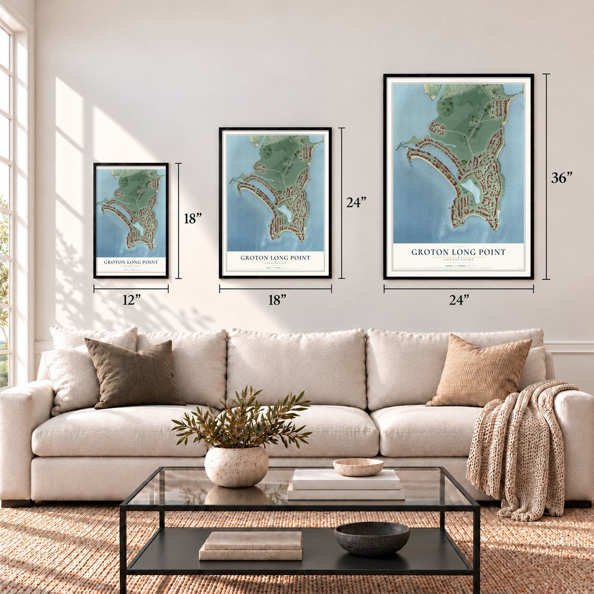 Groton Long Point, Connecticut map in 12 x 18, 18 x 24 and 24 x 36 inch sizes above a sofa