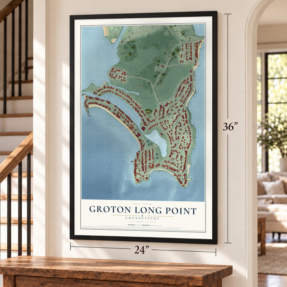 Groton Long Point, Connecticut map, 24 x 36 inch print in a black frame by a staircase