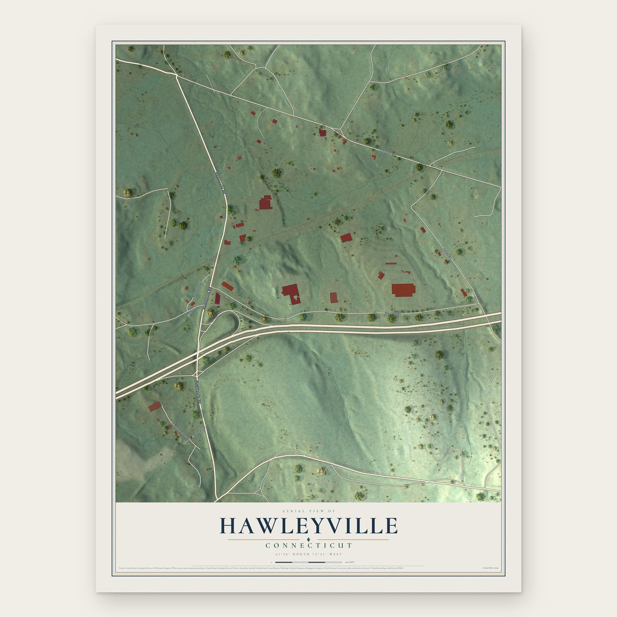 Hawleyville, Connecticut map print, the full design
