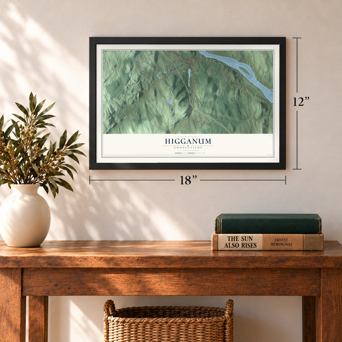 Higganum, Connecticut map, 12 x 18 inch print in a black frame in an entryway