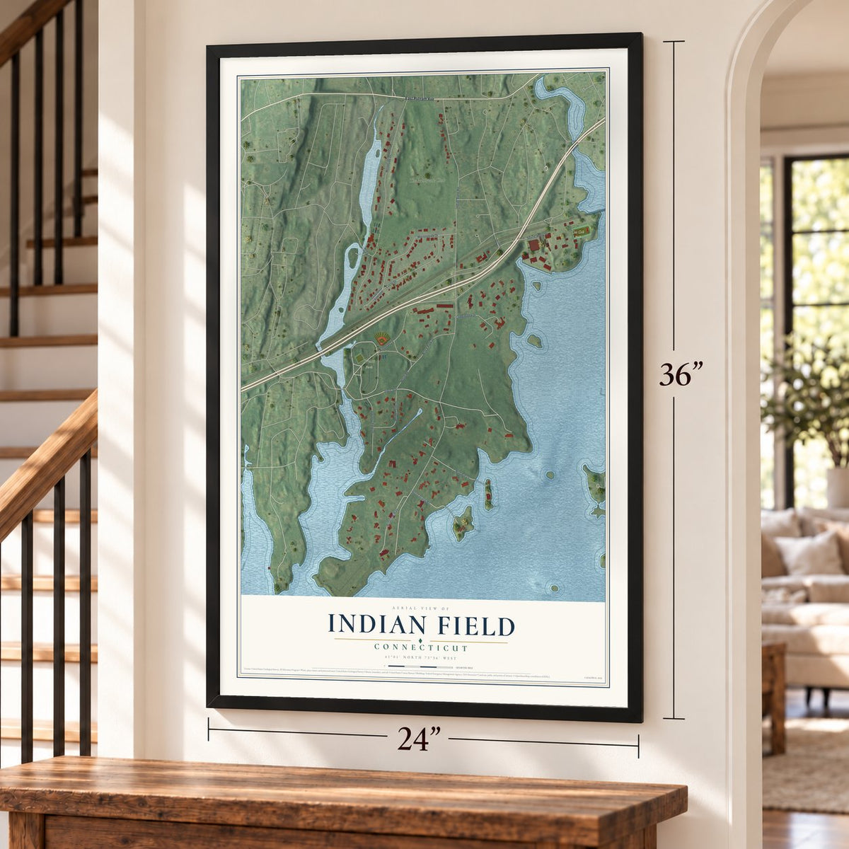 Indian Field, Connecticut map, 24 x 36 inch print in a black frame by a staircase