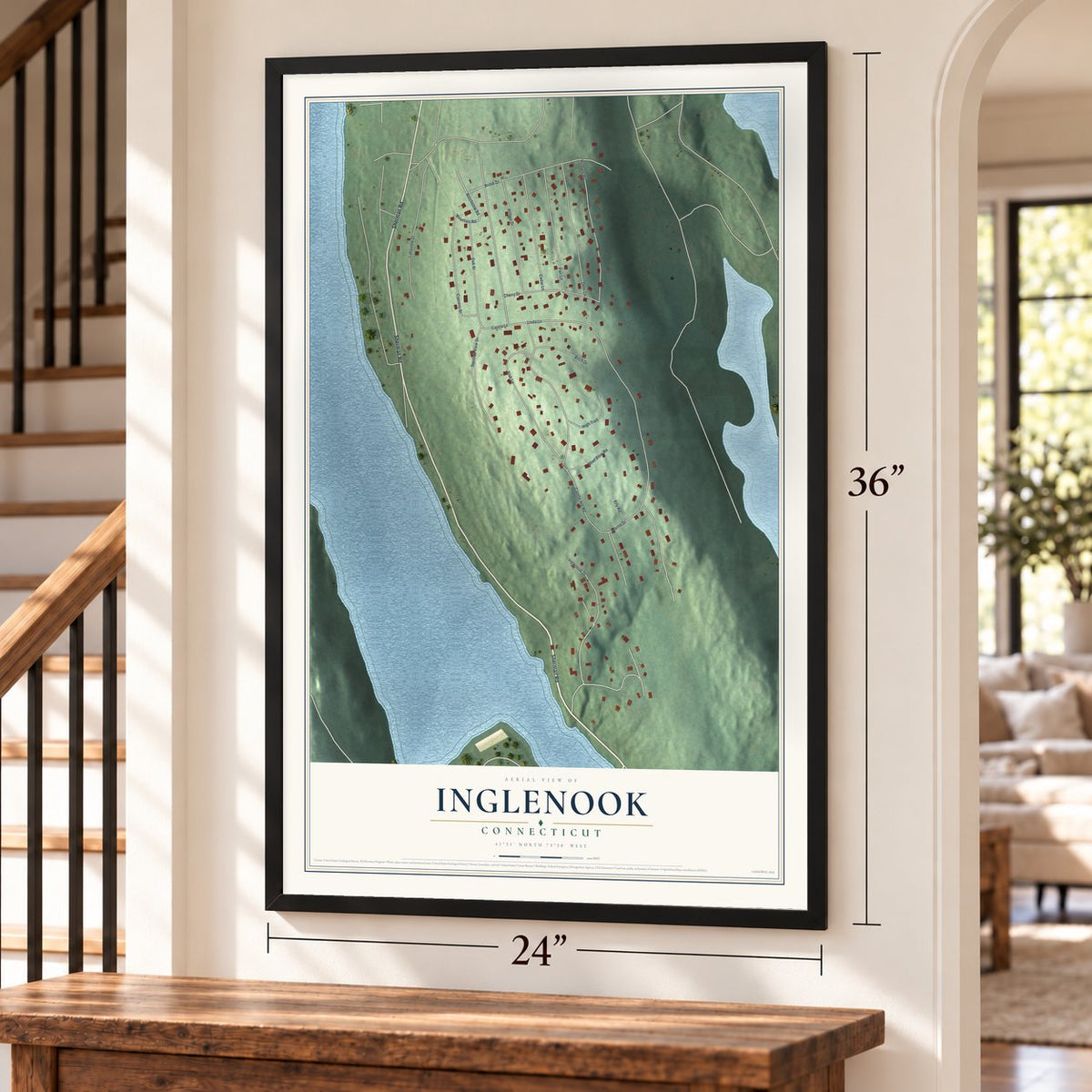 Inglenook, Connecticut map, 24 x 36 inch print in a black frame by a staircase