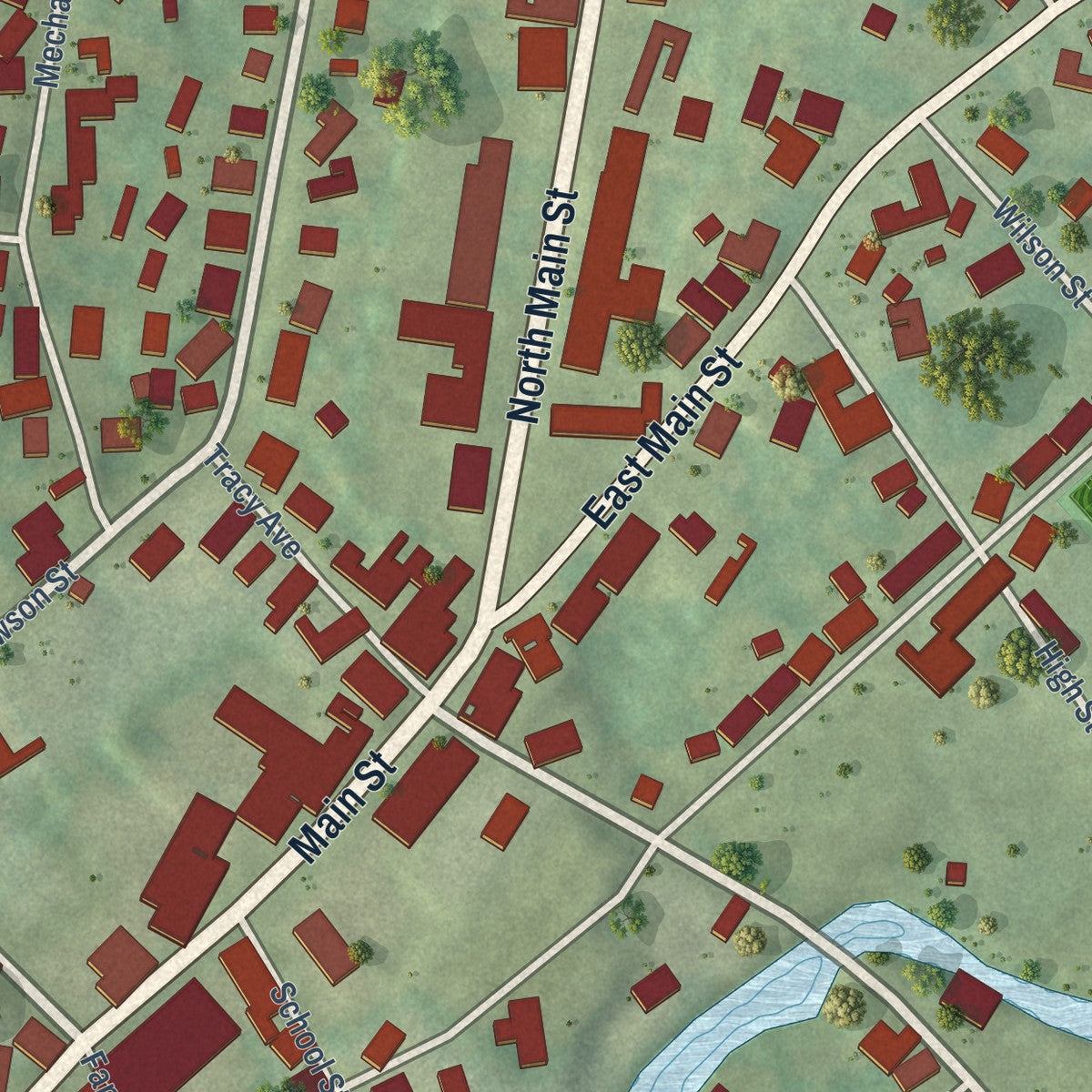 Close-up of the map of Jewett City, Connecticut print showing street and building detail