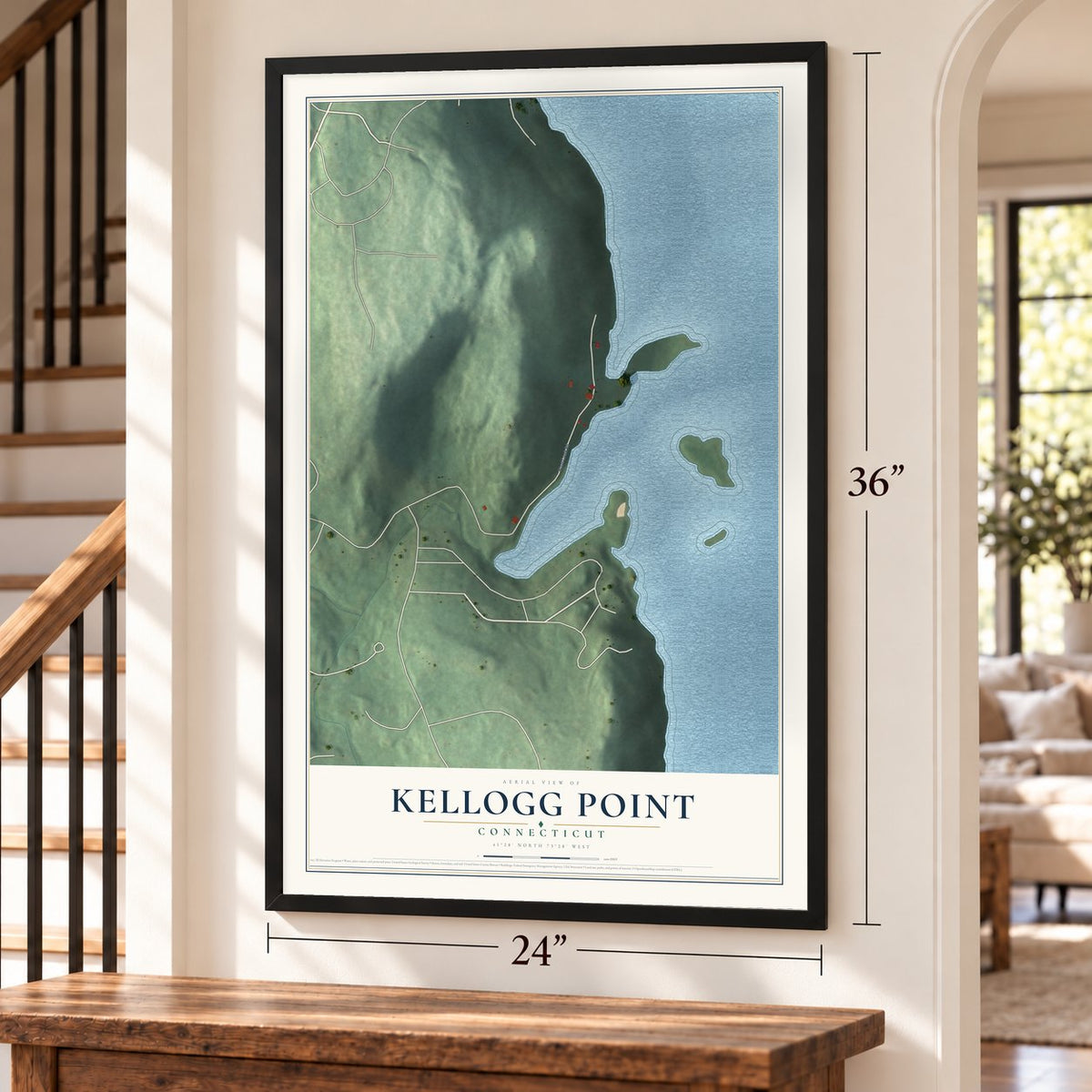Kellogg Point, Connecticut map, 24 x 36 inch print in a black frame by a staircase