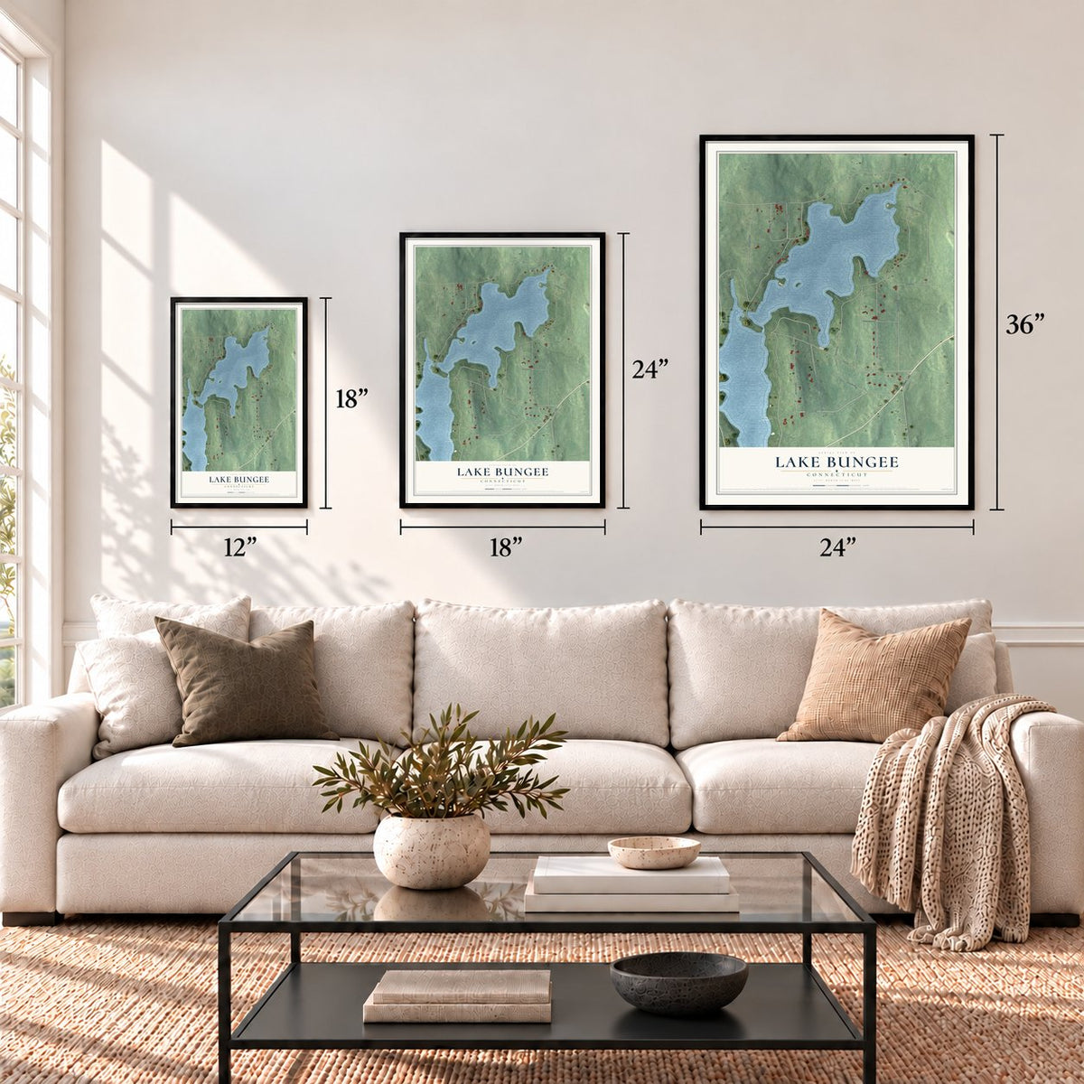 Lake Bungee, Connecticut map in 12 x 18, 18 x 24 and 24 x 36 inch sizes above a sofa