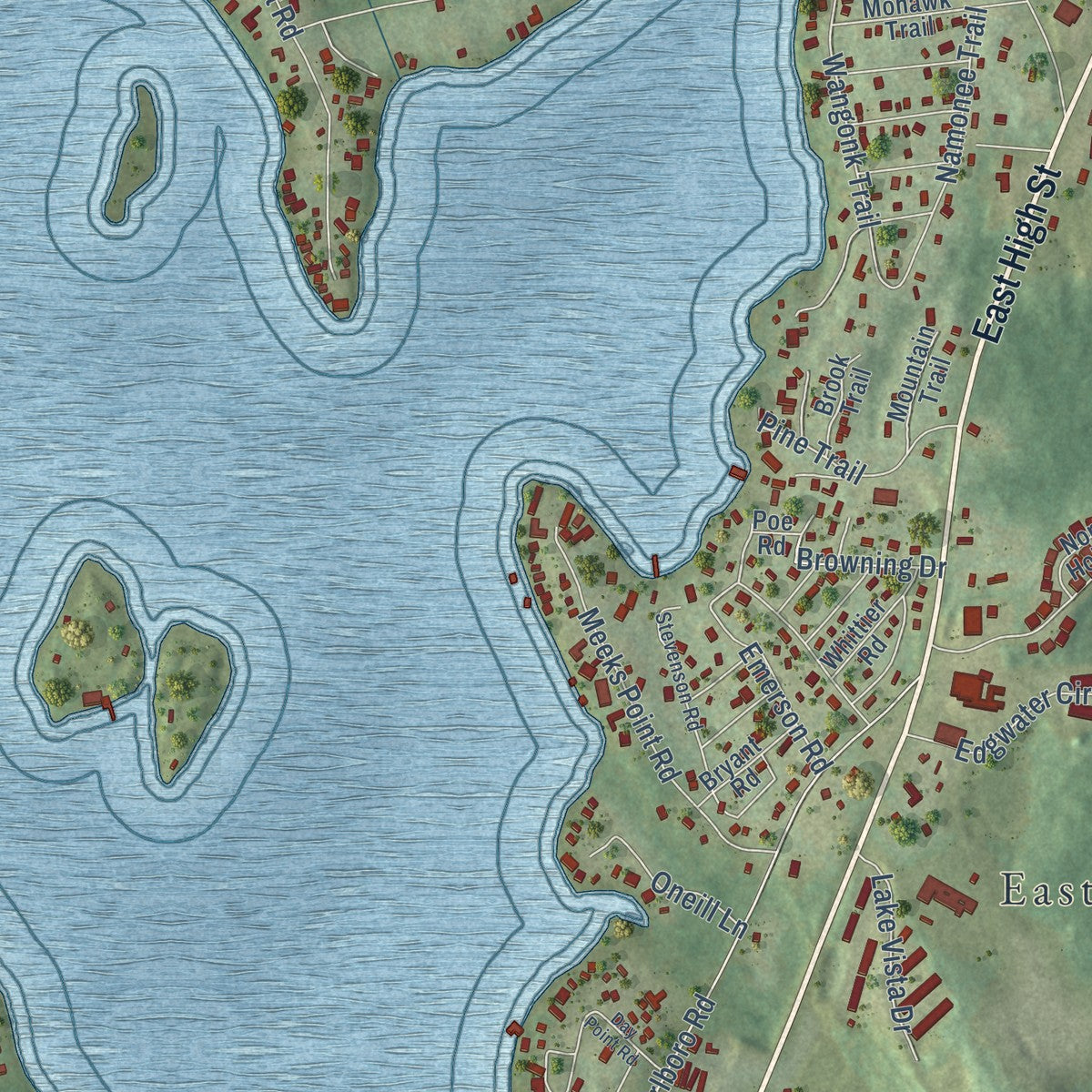 Close-up of the map of Lake Pocotopaug, Connecticut print showing street and building detail