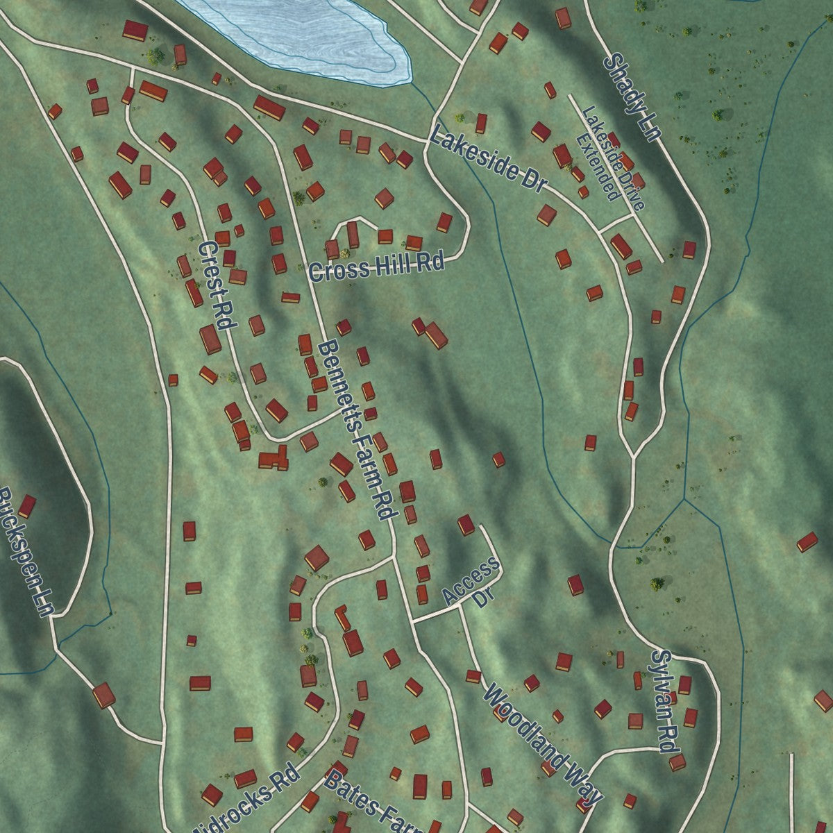 Close-up of the map of Lakes East, Connecticut print showing street and building detail