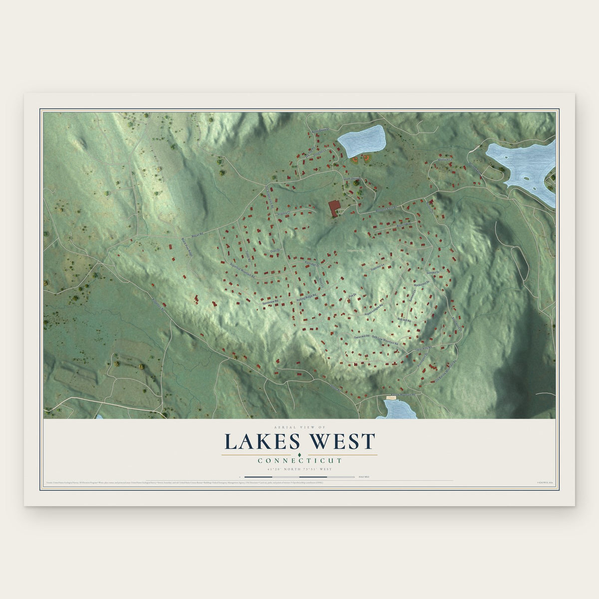 Lakes West, Connecticut map print, the full design
