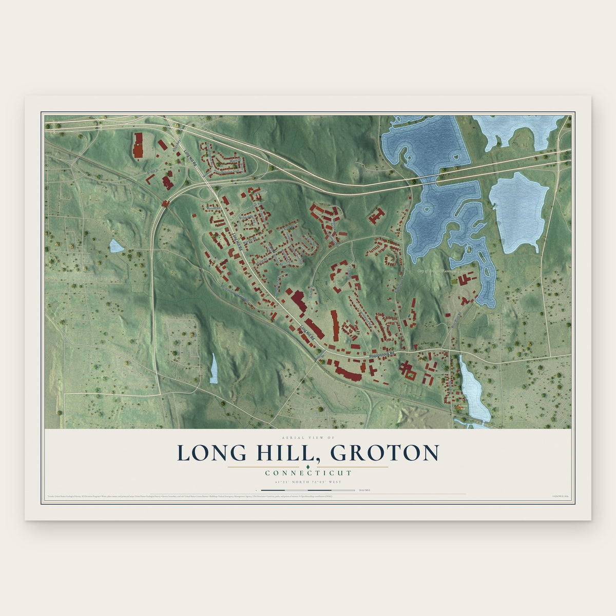 Long Hill, Groton, Connecticut map print, the full design