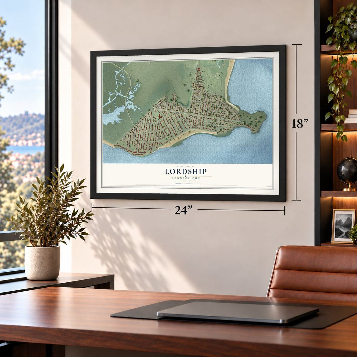 Lordship, Connecticut map, 18 x 24 inch print in a black frame in a home office