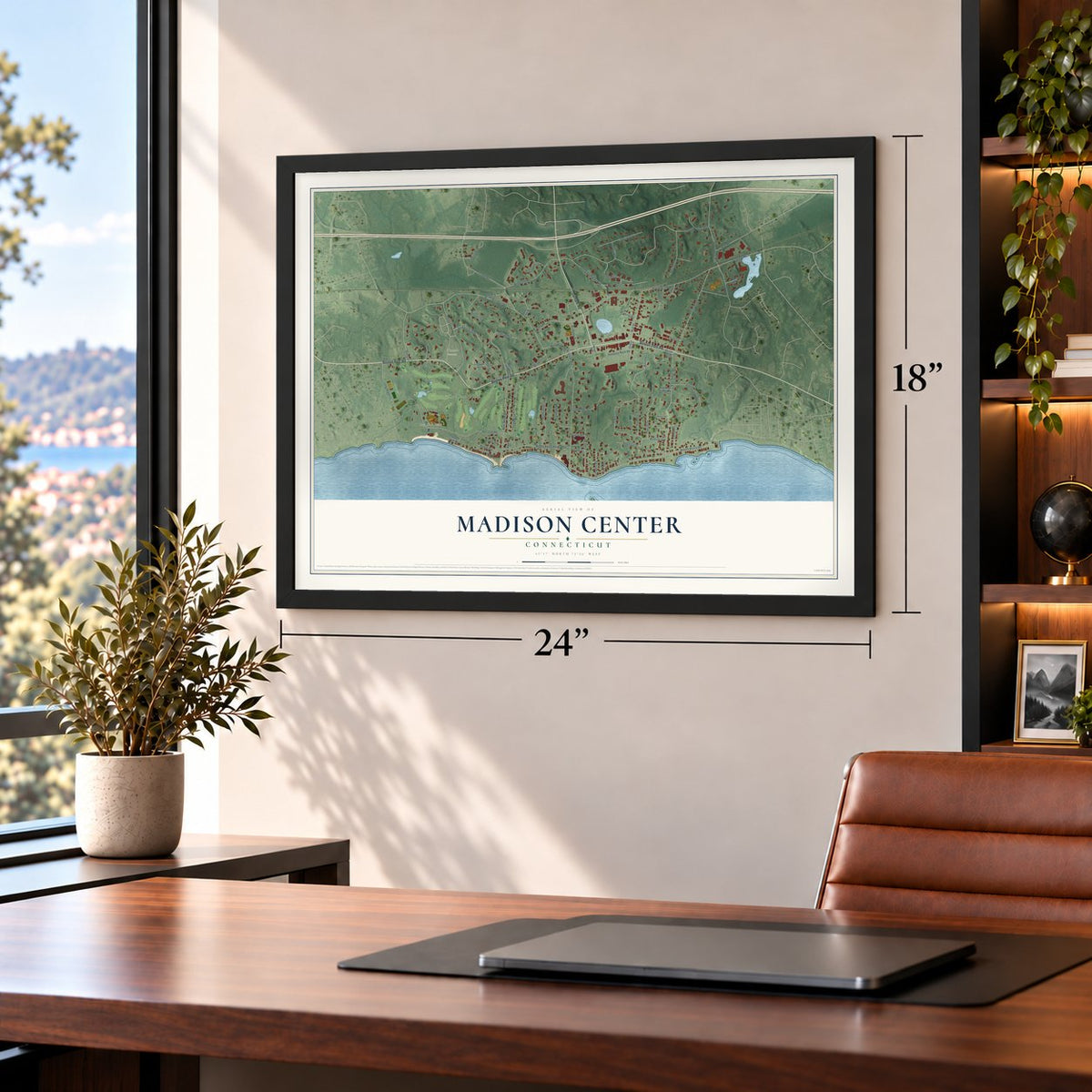 Madison Center, Connecticut map, 18 x 24 inch print in a black frame in a home office