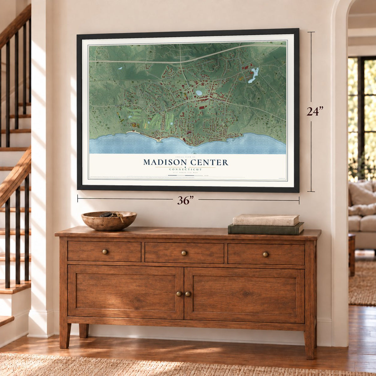 Madison Center, Connecticut map, 24 x 36 inch print in a black frame above a dresser by a staircase