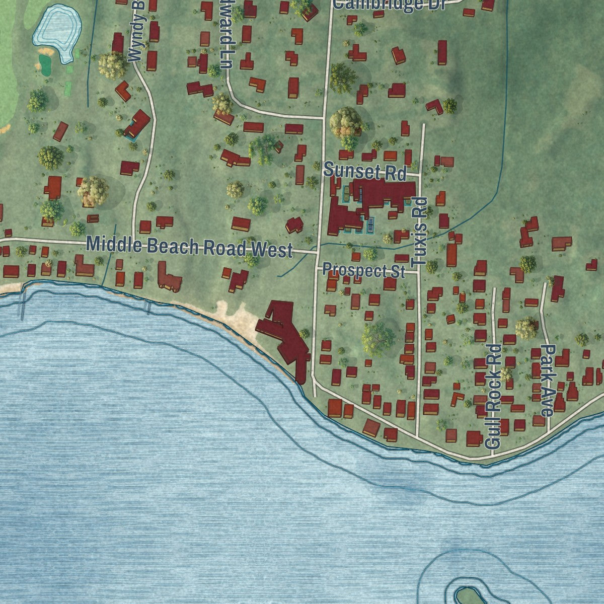 Close-up of the map of Madison Center, Connecticut print showing street and building detail