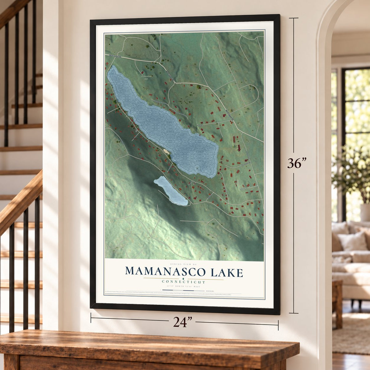 Mamanasco Lake, Connecticut map, 24 x 36 inch print in a black frame by a staircase