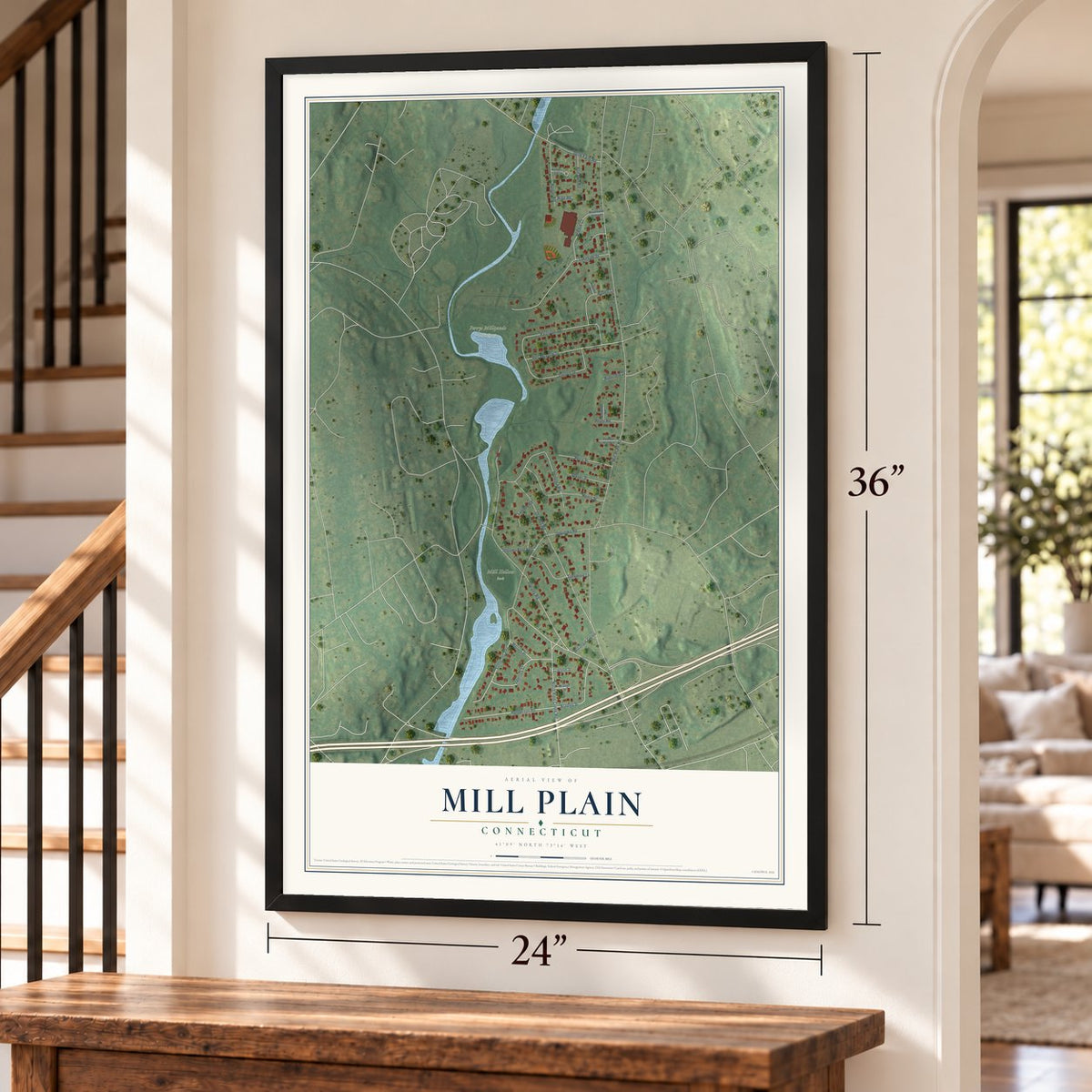 Mill Plain, Connecticut map, 24 x 36 inch print in a black frame by a staircase