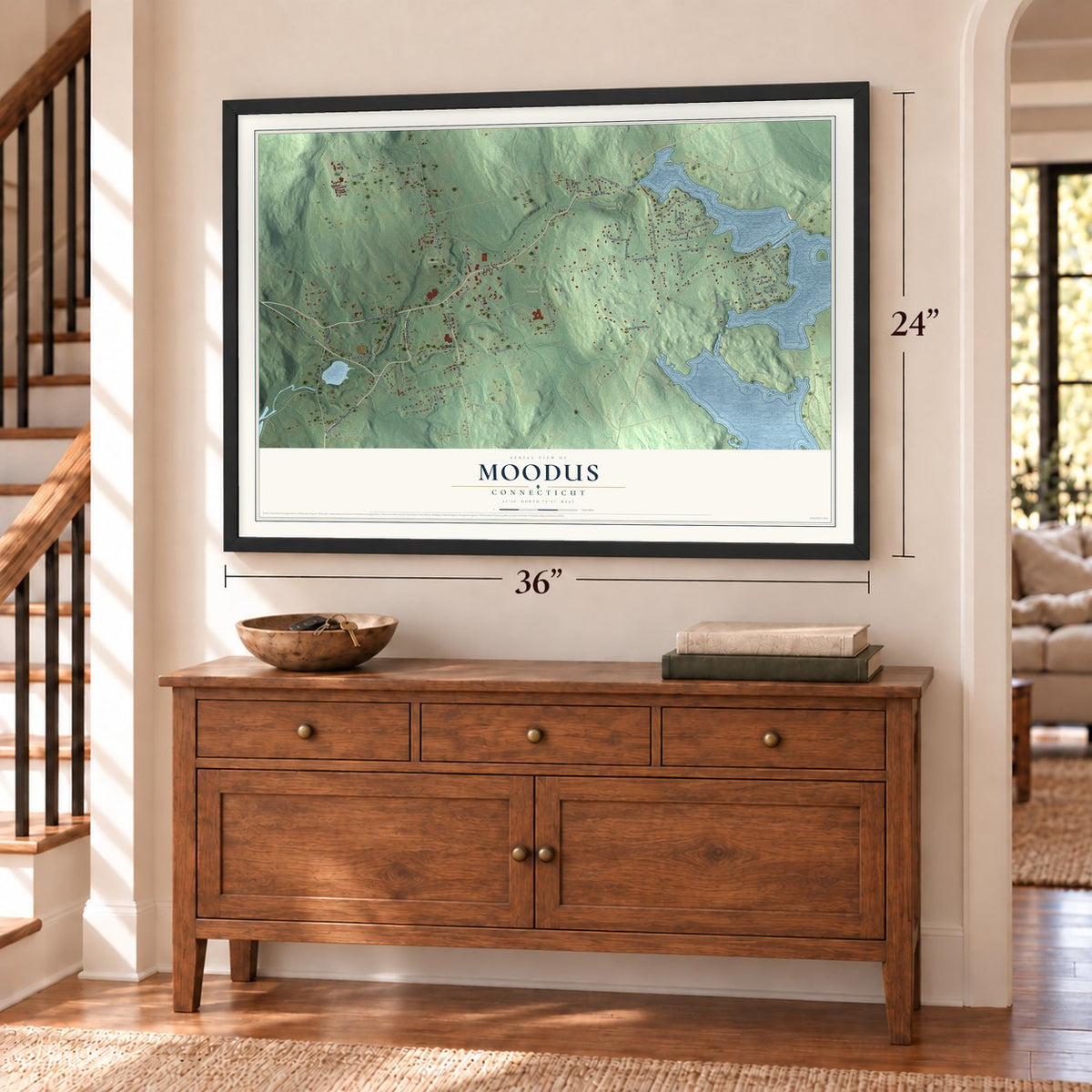 Moodus, Connecticut map, 24 x 36 inch print in a black frame above a dresser by a staircase