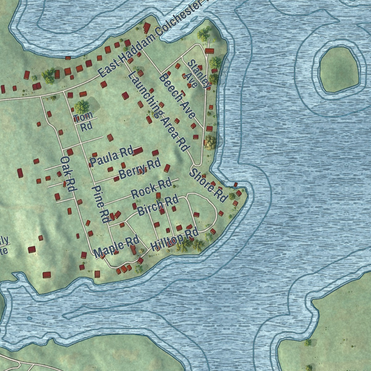 Close-up of the map of Moodus, Connecticut print showing street and building detail