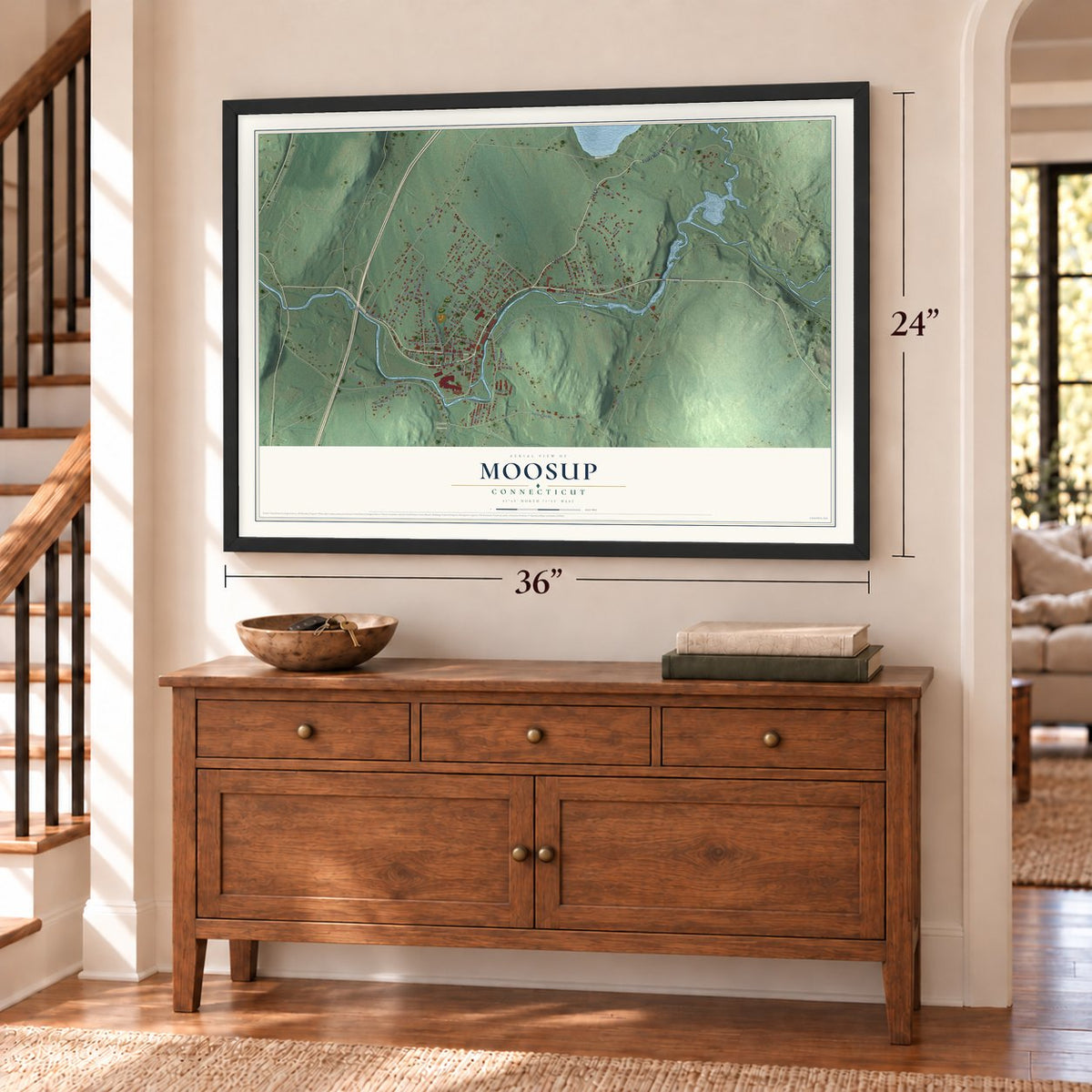 Moosup, Connecticut map, 24 x 36 inch print in a black frame above a dresser by a staircase