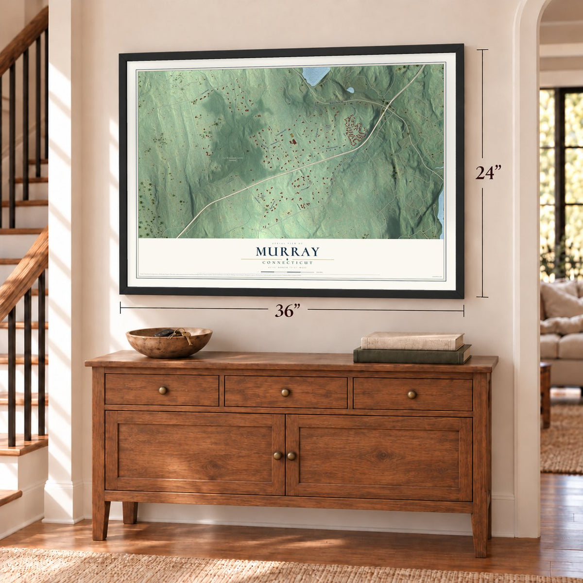 Murray, Connecticut map, 24 x 36 inch print in a black frame above a dresser by a staircase