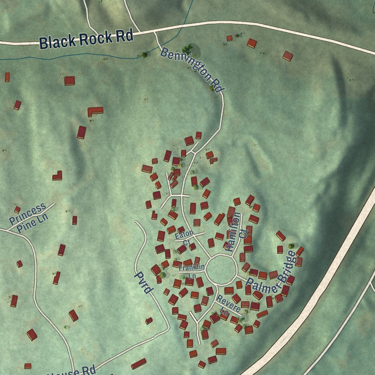 Close-up of the map of Murray, Connecticut print showing street and building detail