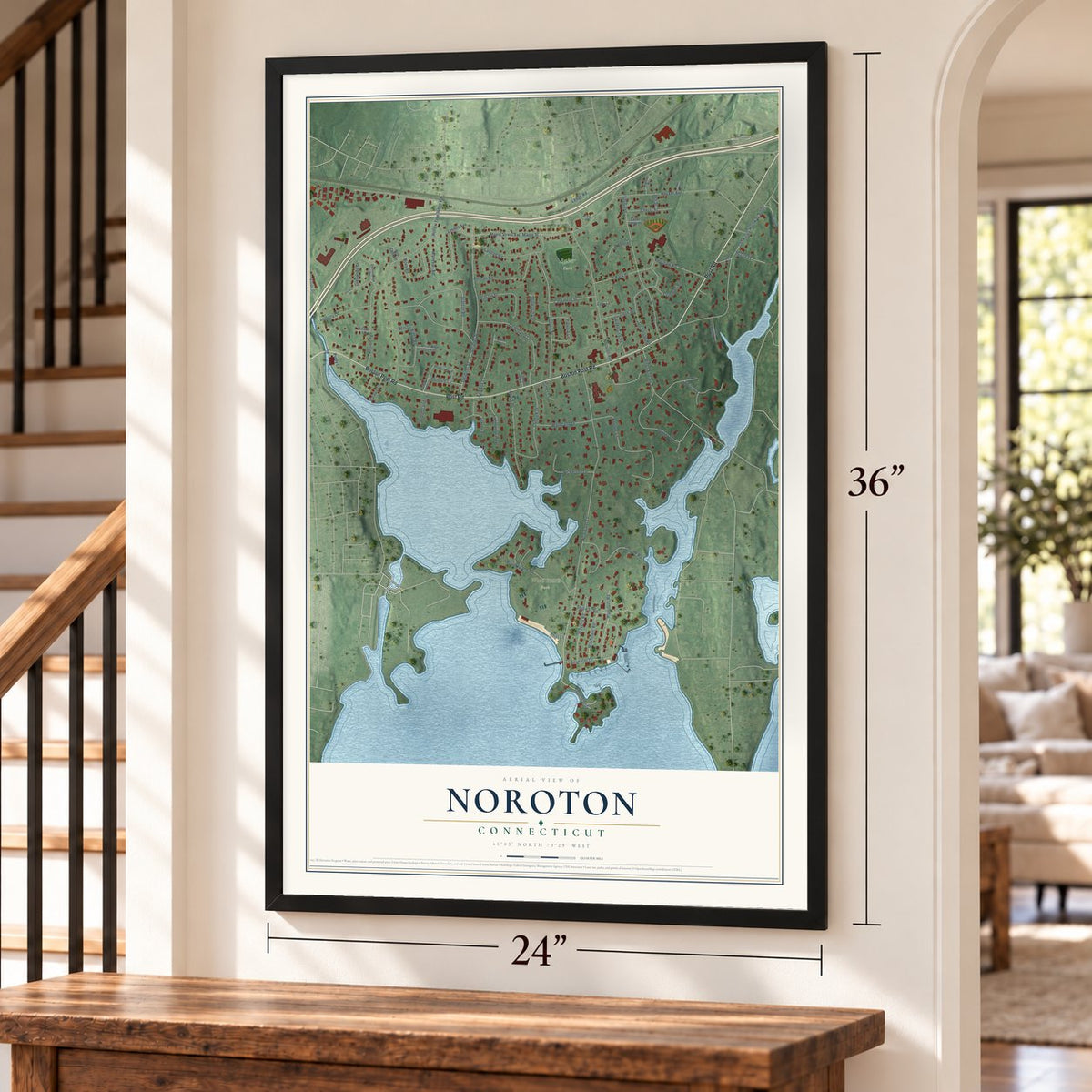Noroton, Connecticut map, 24 x 36 inch print in a black frame by a staircase