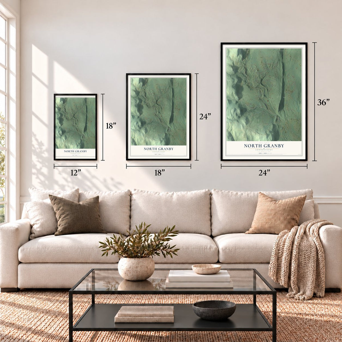 North Granby, Connecticut map in 12 x 18, 18 x 24 and 24 x 36 inch sizes above a sofa