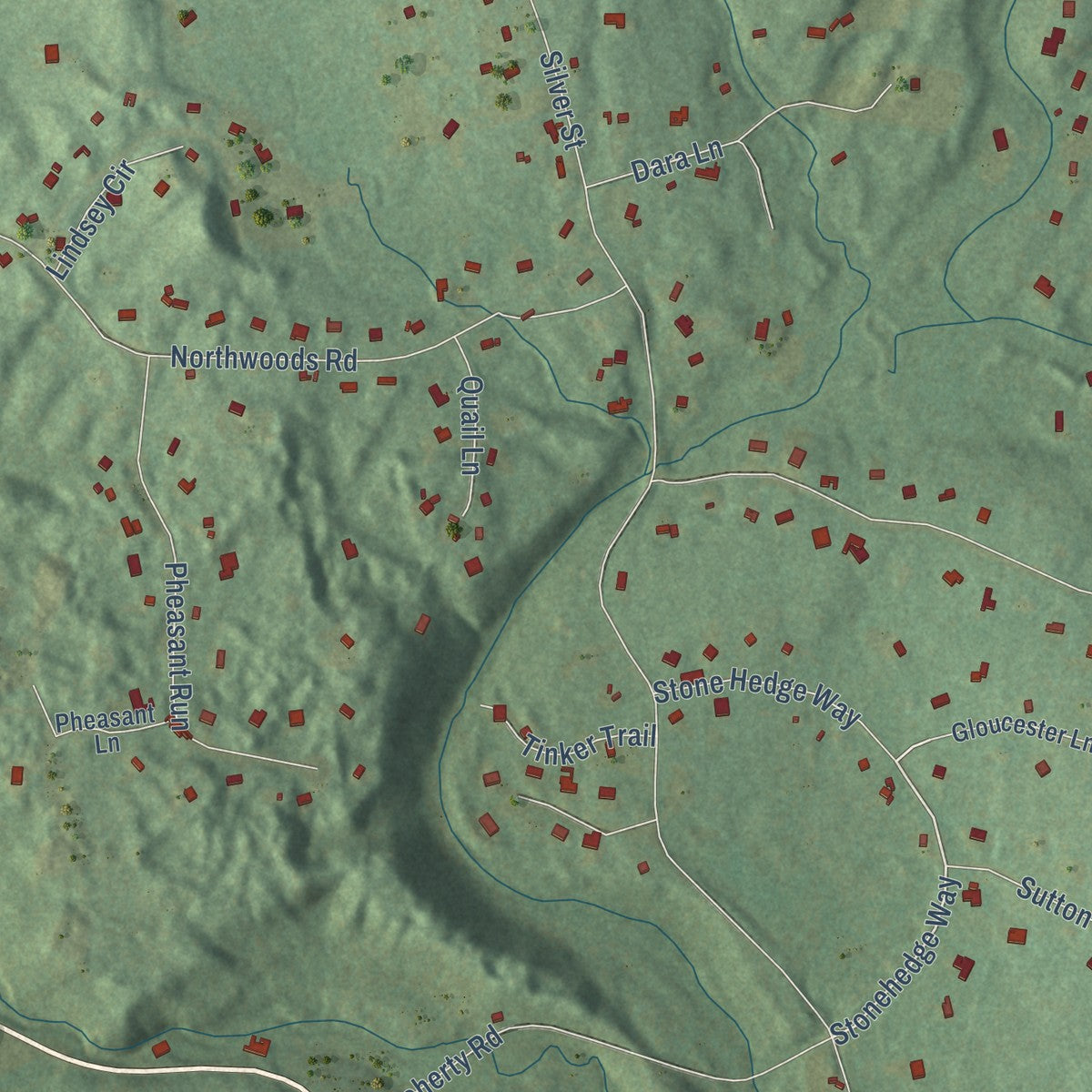 Close-up of the map of North Granby, Connecticut print showing street and building detail