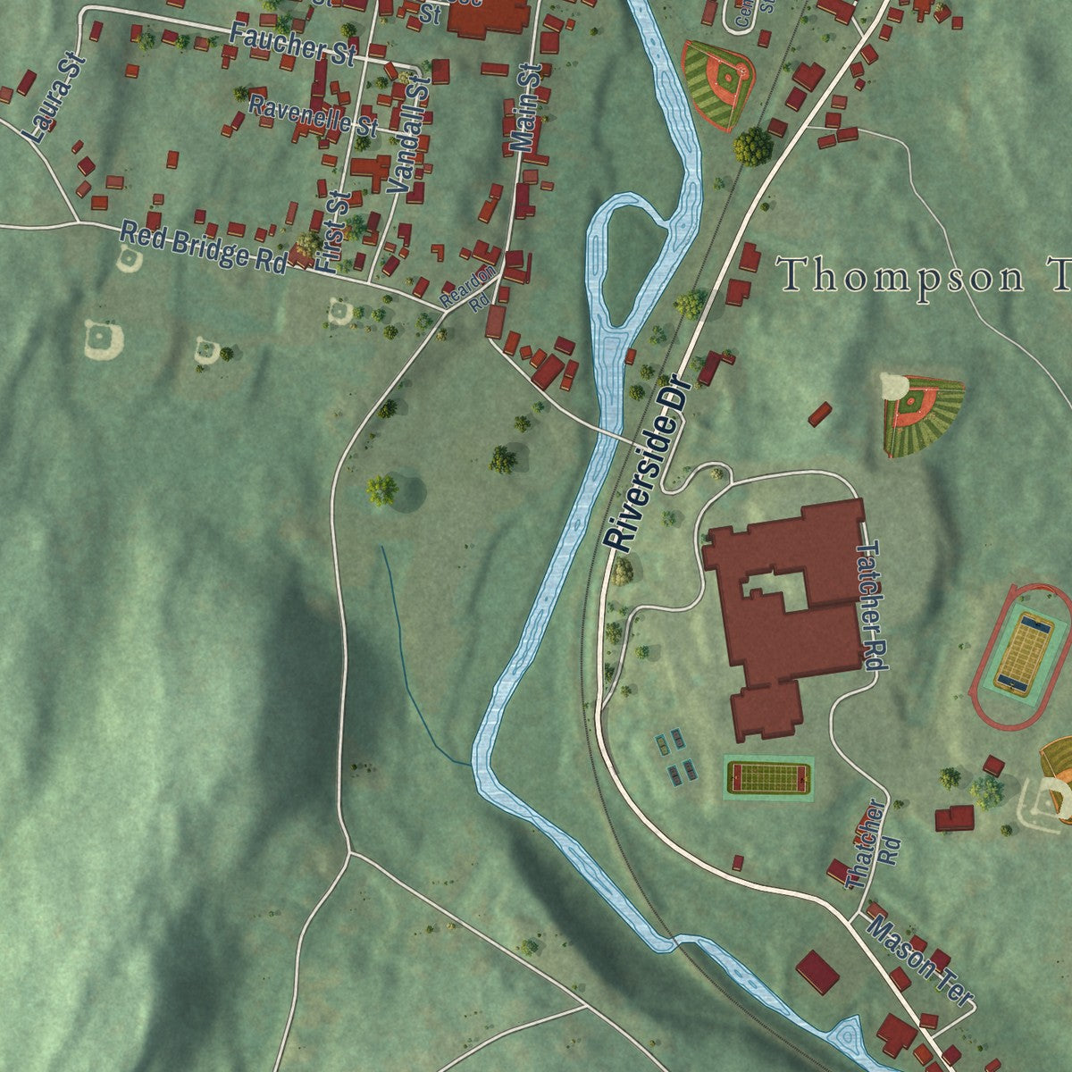 Close-up of the map of North Grosvenor Dale, Connecticut print showing street and building detail