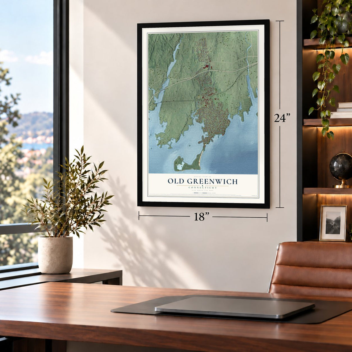 Old Greenwich, Connecticut map, 18 x 24 inch print in a black frame in a home office