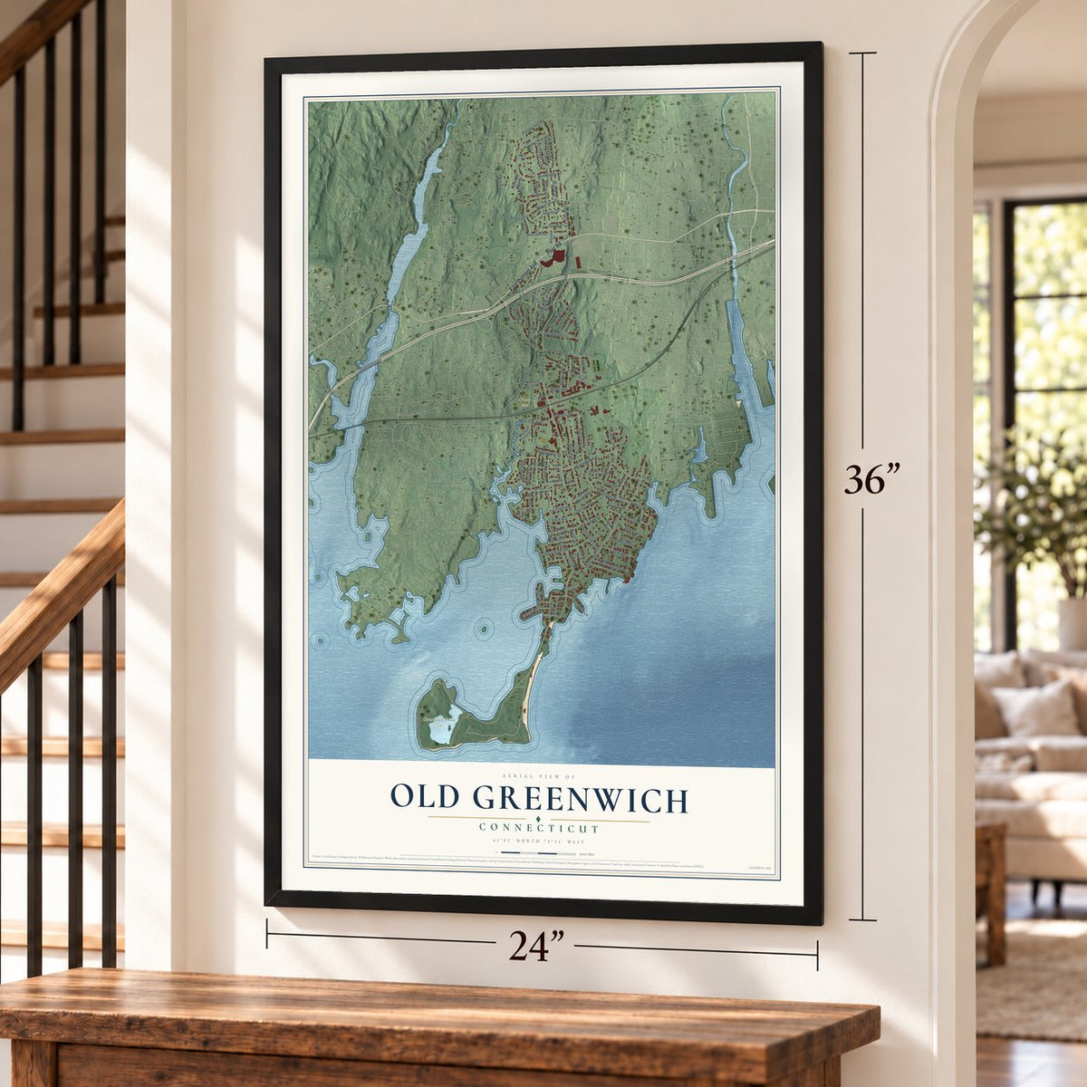 Old Greenwich, Connecticut map, 24 x 36 inch print in a black frame by a staircase