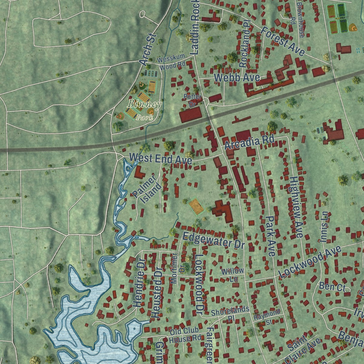 Close-up of the map of Old Greenwich, Connecticut print showing street and building detail